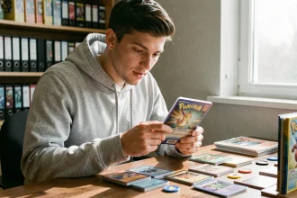Jeune homme examinant des accessoires de jetons Pokémon Ripraz sur un bureau de collectionneur