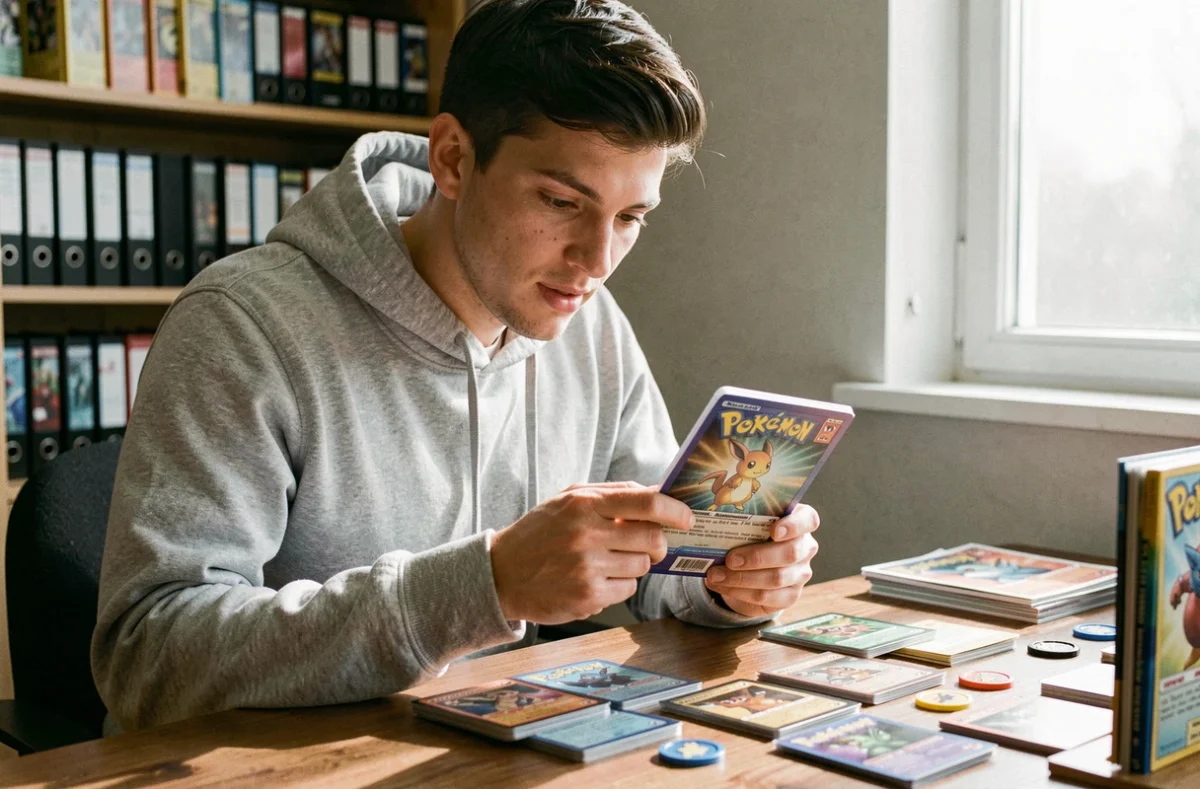 Jeune homme examinant des accessoires de jetons Pokémon Ripraz sur un bureau de collectionneur