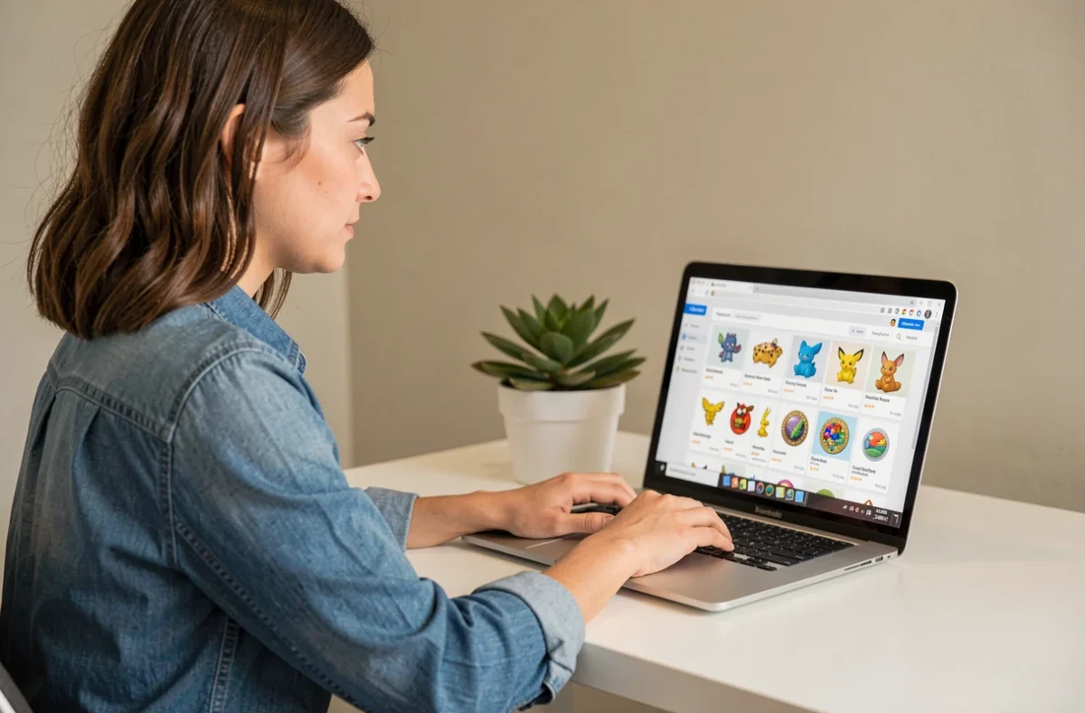 Femme achetant des jetons Pokémon Ripraz en toute sécurité sur une boutique en ligne depuis son bureau