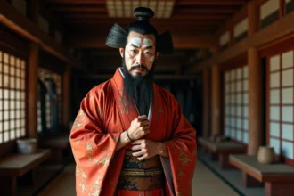 Acteur kabuki japonais en costume traditionnel et maquillage élaboré