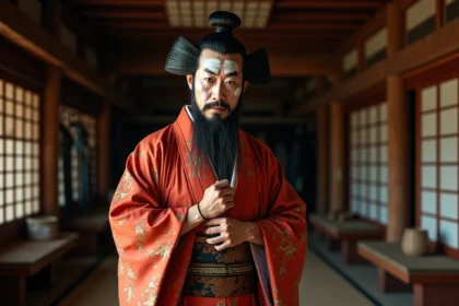 Acteur kabuki japonais en costume traditionnel et maquillage élaboré