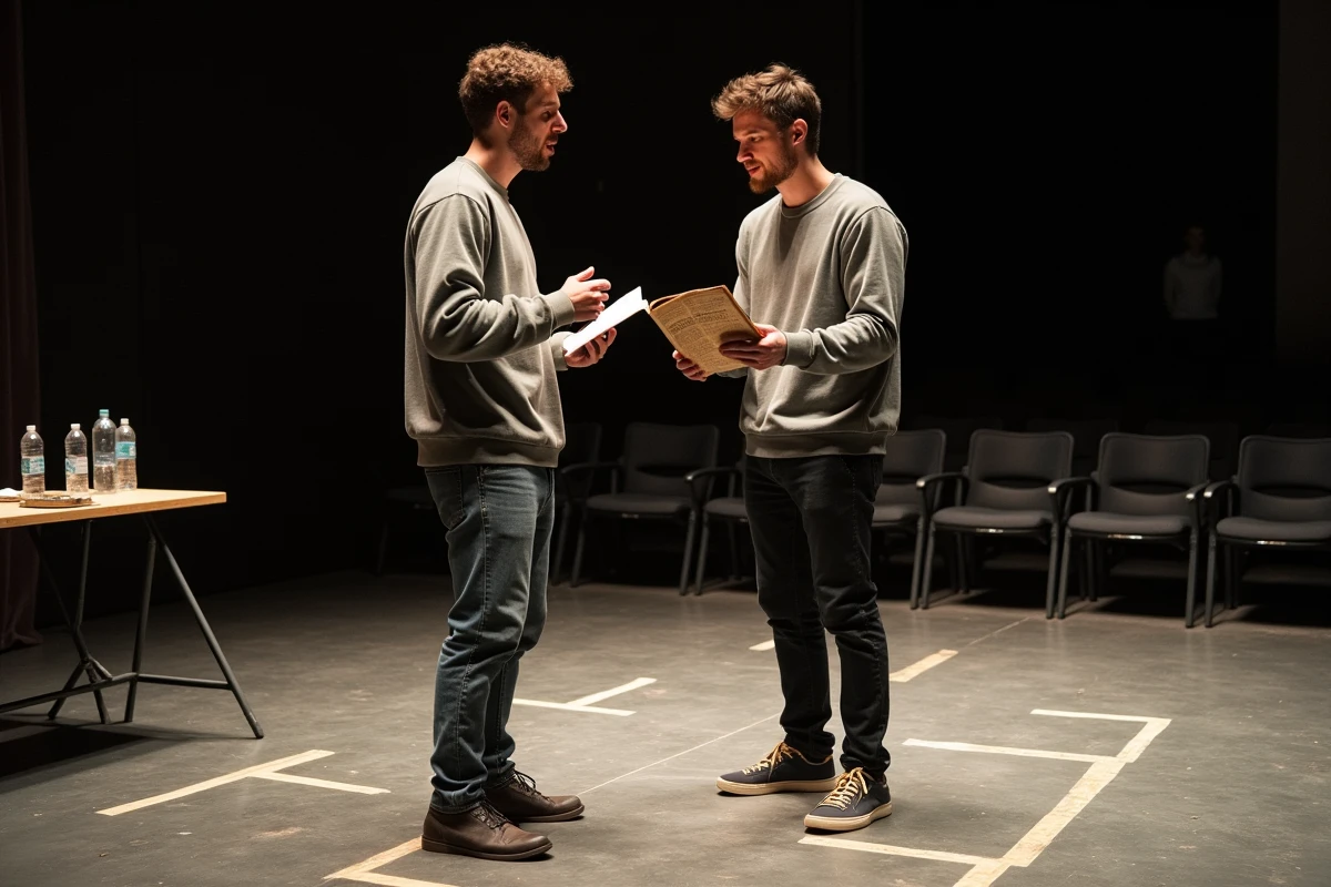Deux acteurs répétant une scène en suivant les didascalies de mise en scène sur un plateau de théâtre