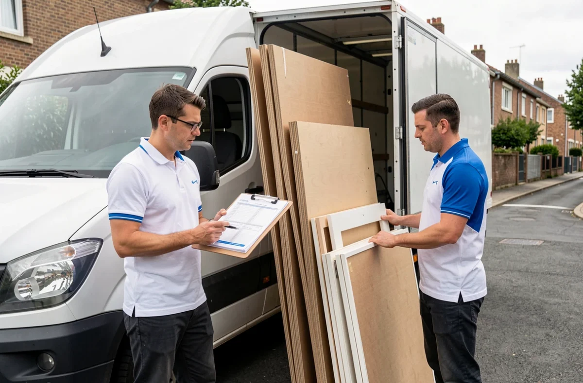 Deux déménageurs en polo blanc et bleu déchargeant des meubles en kit d'une camionnette de déménagement dans une rue résidentielle d'Angers