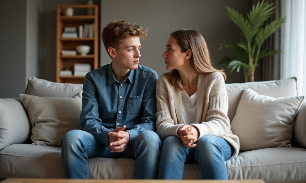 Adolescent et belle-mère assis sur le canapé du salon