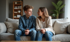 Adolescent et belle-mère assis sur le canapé du salon