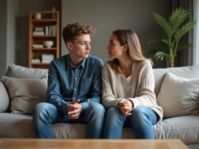 Adolescent et belle-mère assis sur le canapé du salon