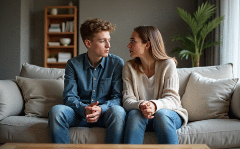 Adolescent et belle-mère assis sur le canapé du salon