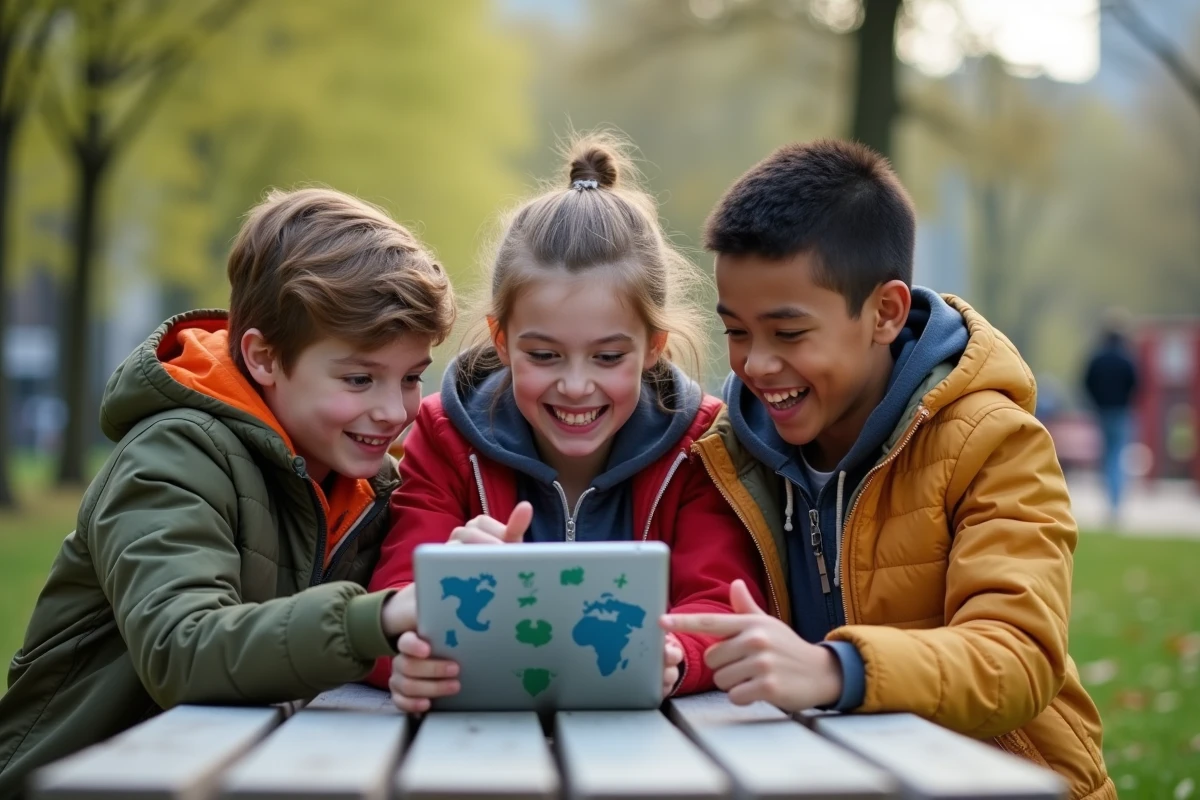 Trois adolescents jouant à un quiz Earth Day en plein air