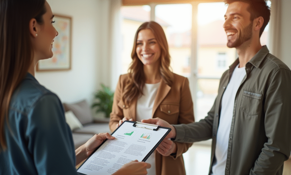 Agent immobilier remettant des documents de location au couple