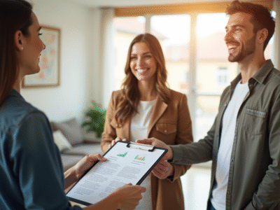 Agent immobilier remettant des documents de location au couple