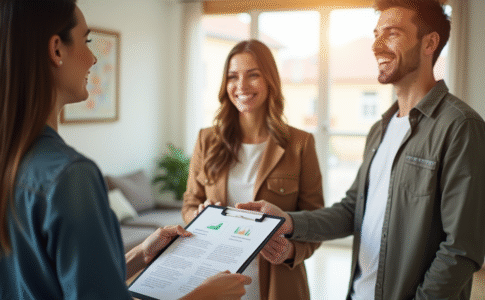 Agent immobilier remettant des documents de location au couple