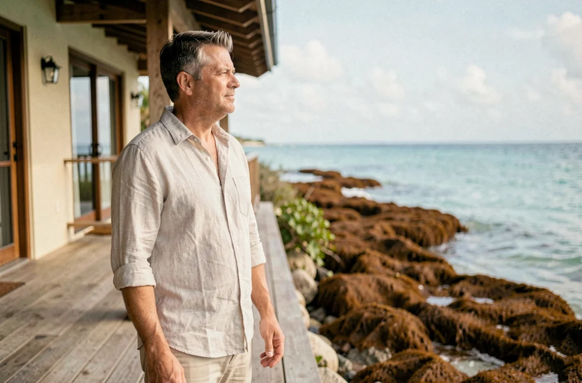 Agent immobilier observant les algues sargasses depuis la terrasse d'une propriété côtière en Guadeloupe