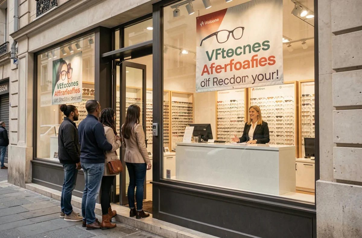 Entrée du magasin Alain Afflelou à Évreux avec des affiches promotionnelles et une opticienne accueillant des clients