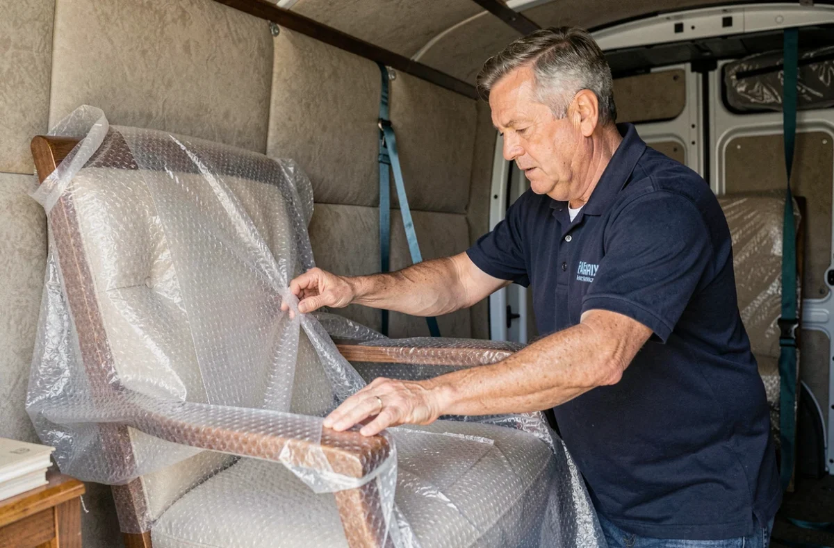 Déménageur expérimenté emballant soigneusement un fauteuil en bois dans du film à bulles à l'intérieur d'un camion de déménagement