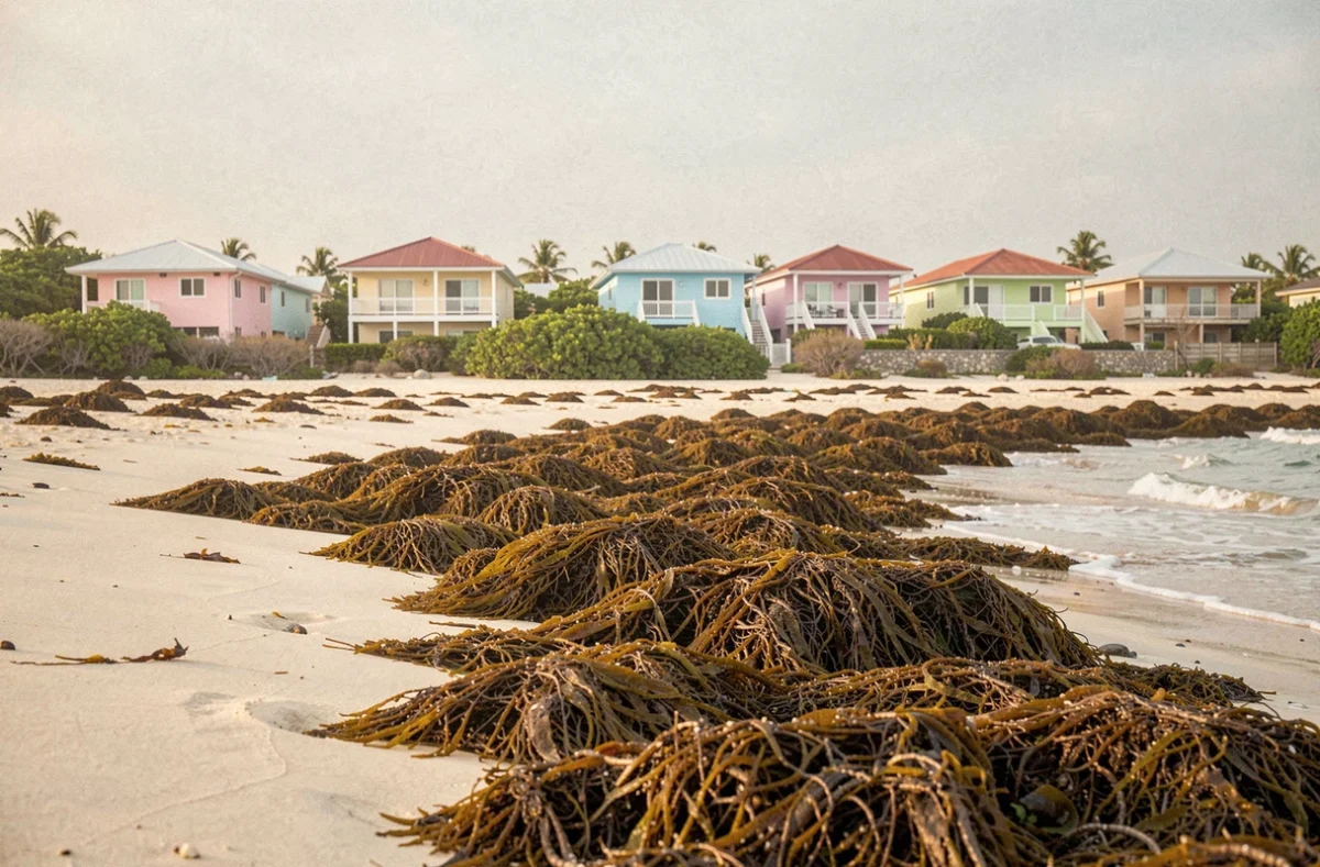 Algues sargasses échouées sur une plage de Guadeloupe avec des villas en bord de mer en arrière-plan