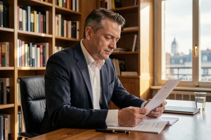 Portrait professionnel d'Aliou Mara en costume sombre dans un bureau parisien moderne, illustrant sa carrière et sa personnalité publique