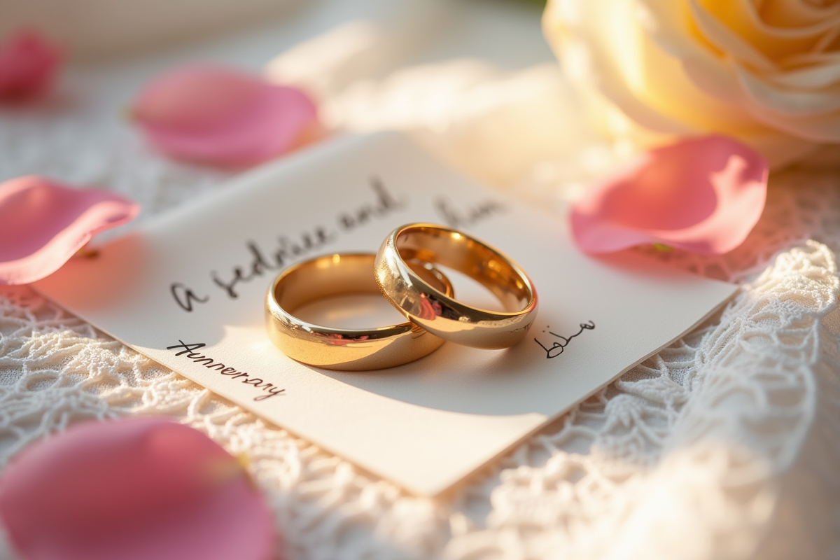 Anneaux en or sur dentelle avec pétales de rose et note d