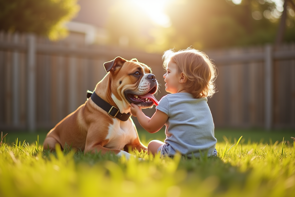 American Bulldog adulte avec un enfant dans le jardin
