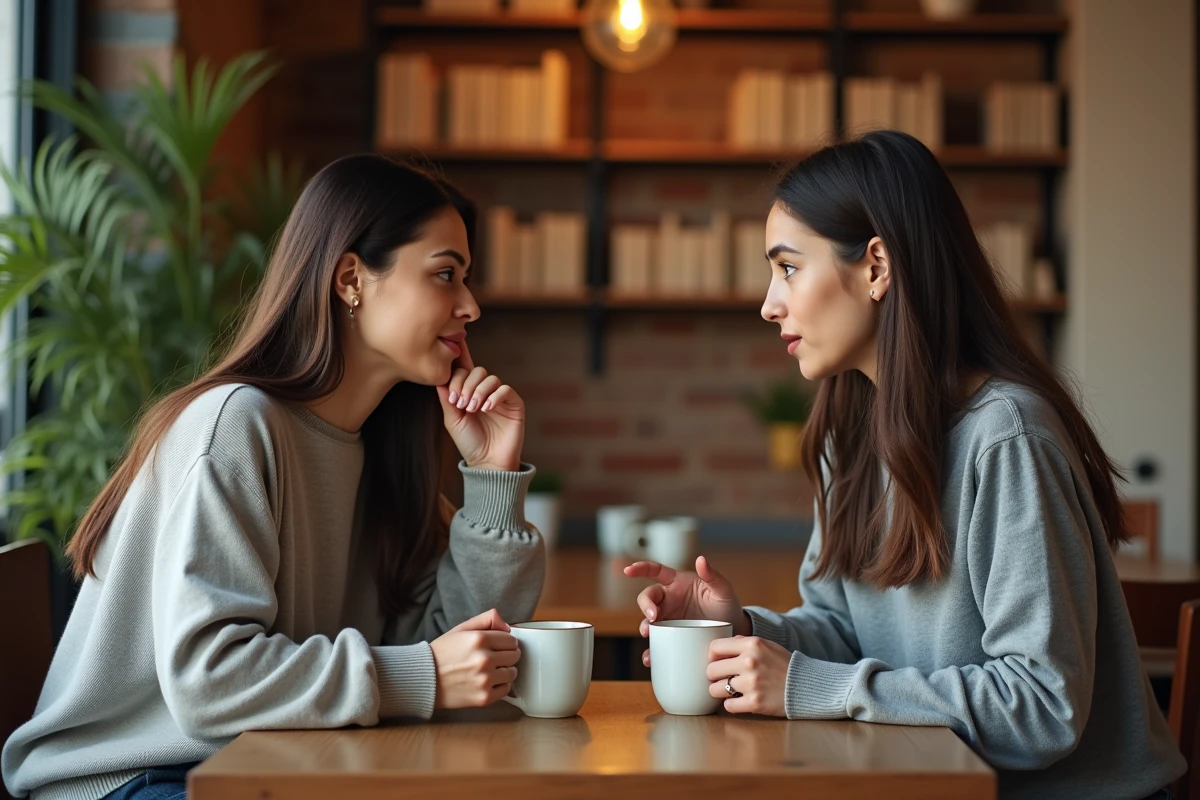 Deux meilleures amies en conversation sincère dans un café chaleureux, évoquant le partage et la confiance d'une vraie amitié