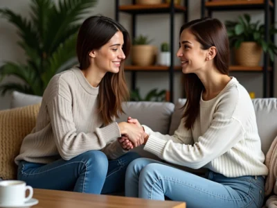 Femme soutenant son amie dans un salon chaleureux