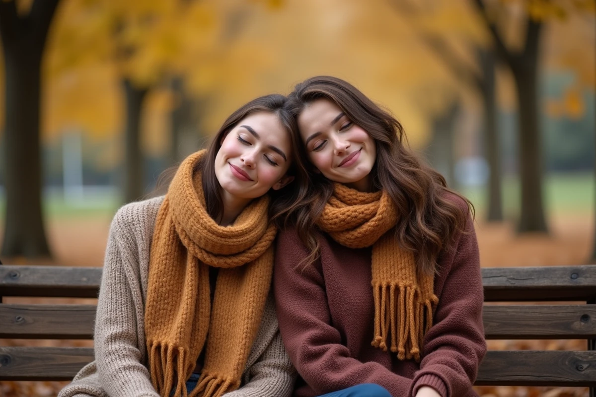 Deux amies proches assises dans un parc en automne, partageant un moment de complicité silencieuse et sincère