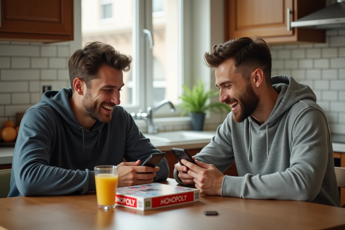Deux amis comparant leurs scores sur Monopoly GO sur leurs smartphones autour d'un jeu de société Monopoly