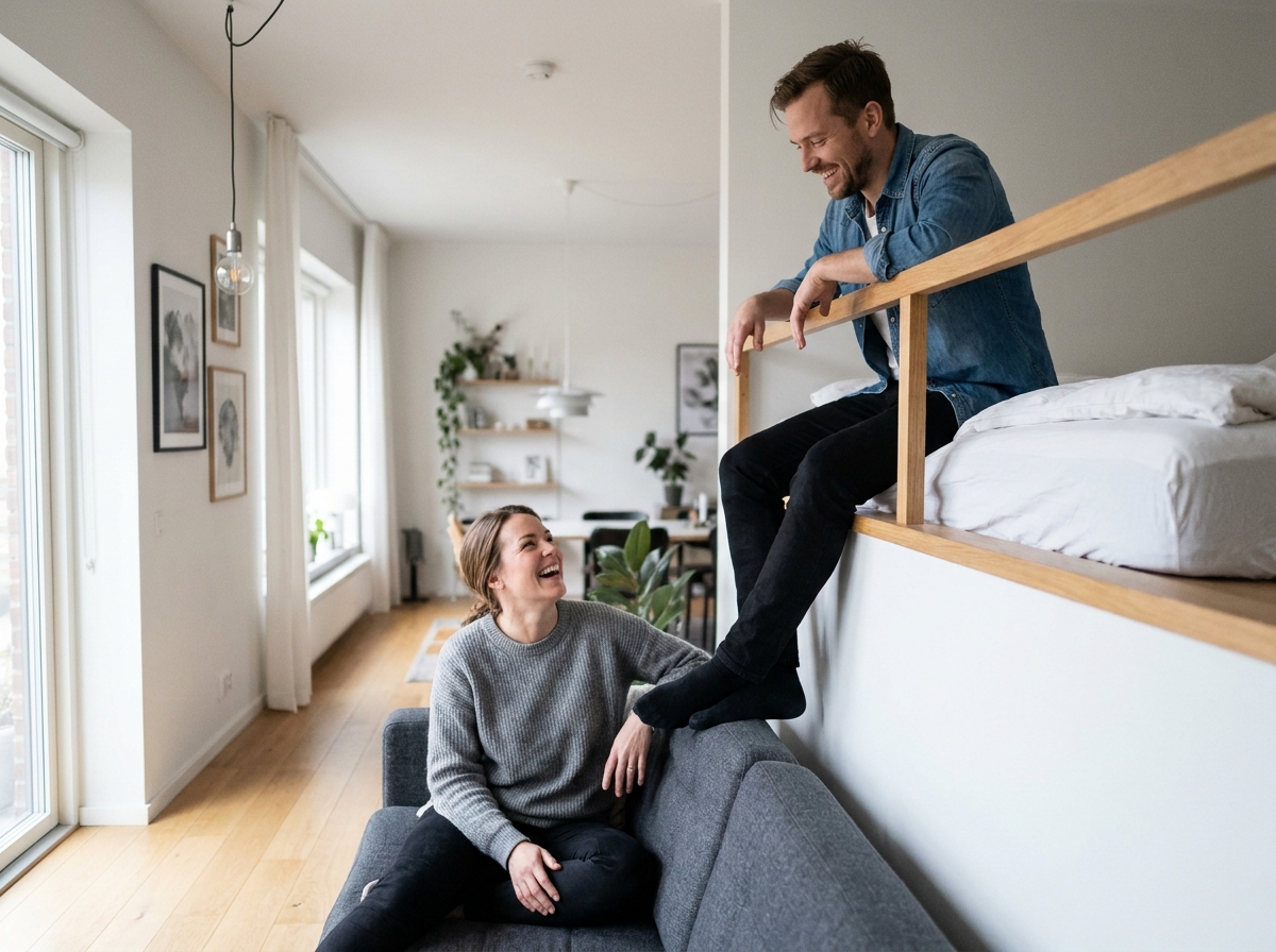 Deux amis dans un salon scandinave avec couchage surélevé en mezzanine pour invités