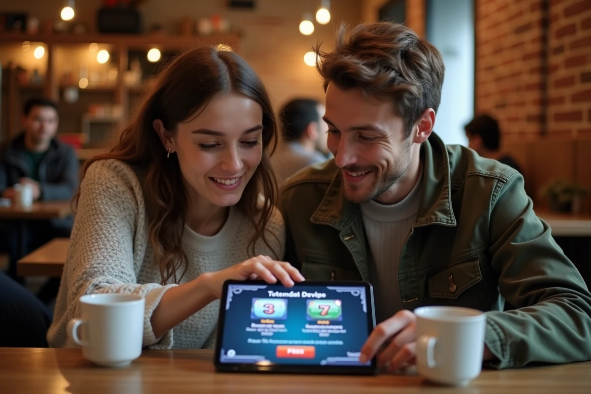 Deux amis débutants découvrant ensemble un tutoriel de slot en ligne sur une tablette dans un café