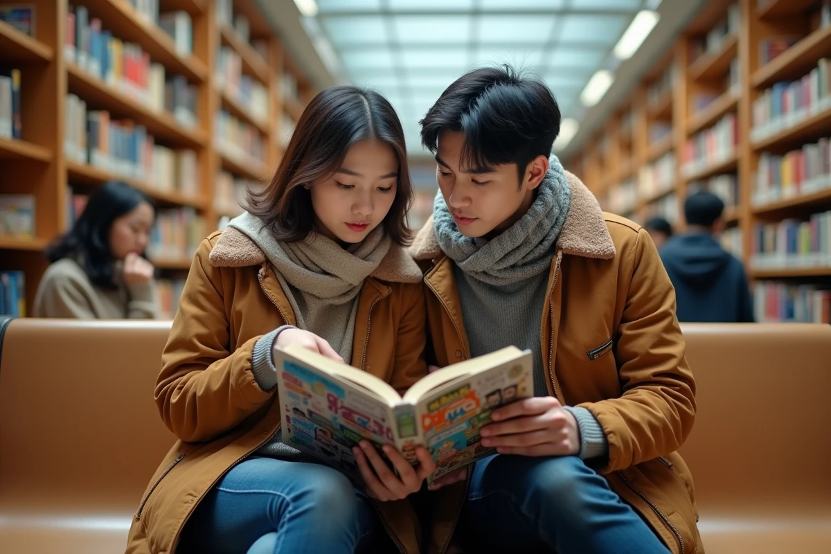Deux amis discutant de l'ordre de lecture et des chapitres spéciaux du manhwa Jinx dans une bibliothèque publique