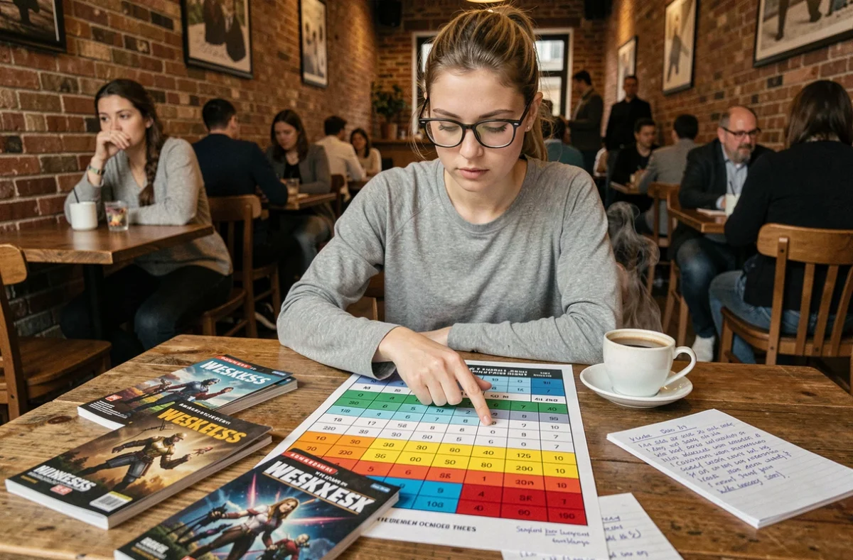 Femme analysant un tableau des faiblesses du type Dragon entourée de guides de jeu dans un café