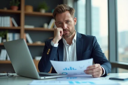 Analyste financier en bureau moderne avec graphiques et ordinateur