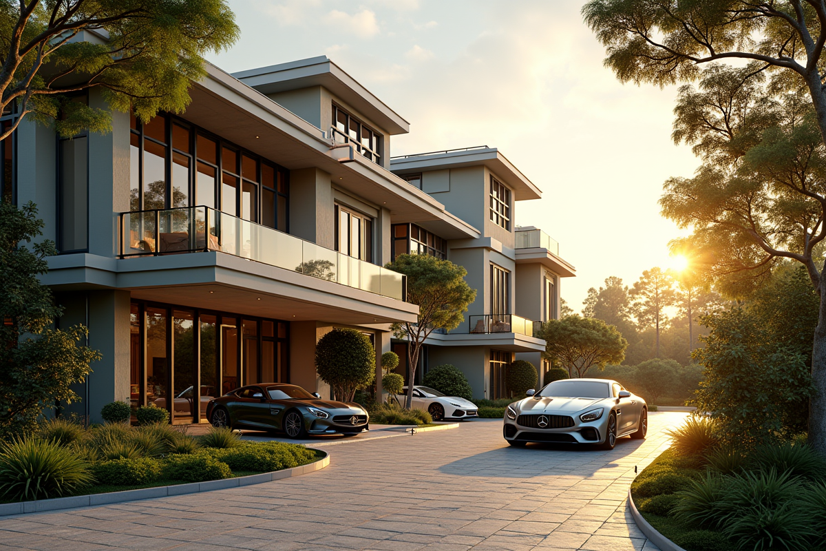 Immeuble de luxe avec jardins et voitures élégantes