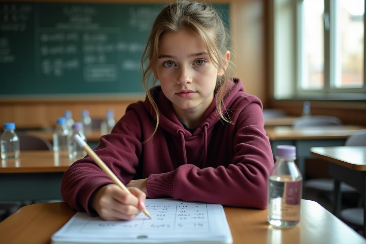 Adolescente étudiant la conversion de litres en millilitres à son bureau scolaire entouré de récipients gradués
