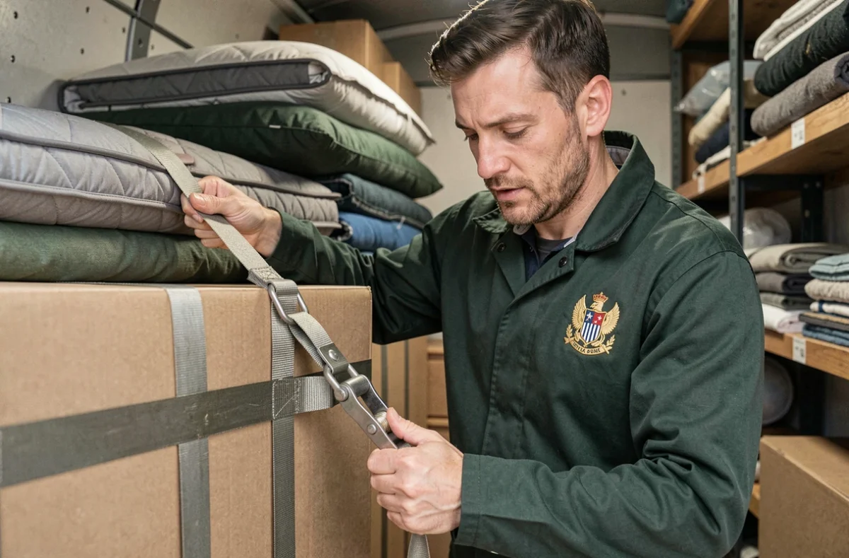 Déménageur en veste verte avec écusson brodé sécurisant des cartons avec des sangles à rochet à l'intérieur d'un camion bien organisé