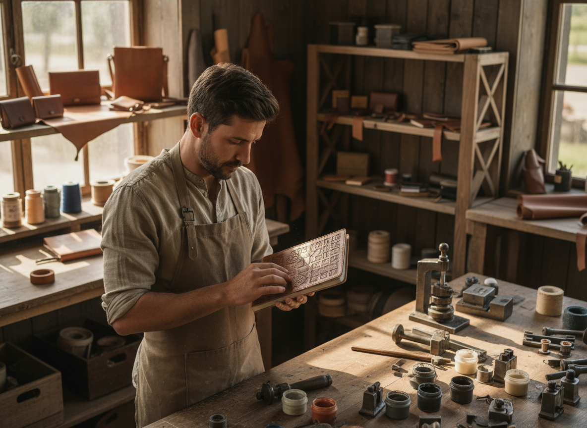 Jeune artisan examinant un carnet en cuir embossé dans l