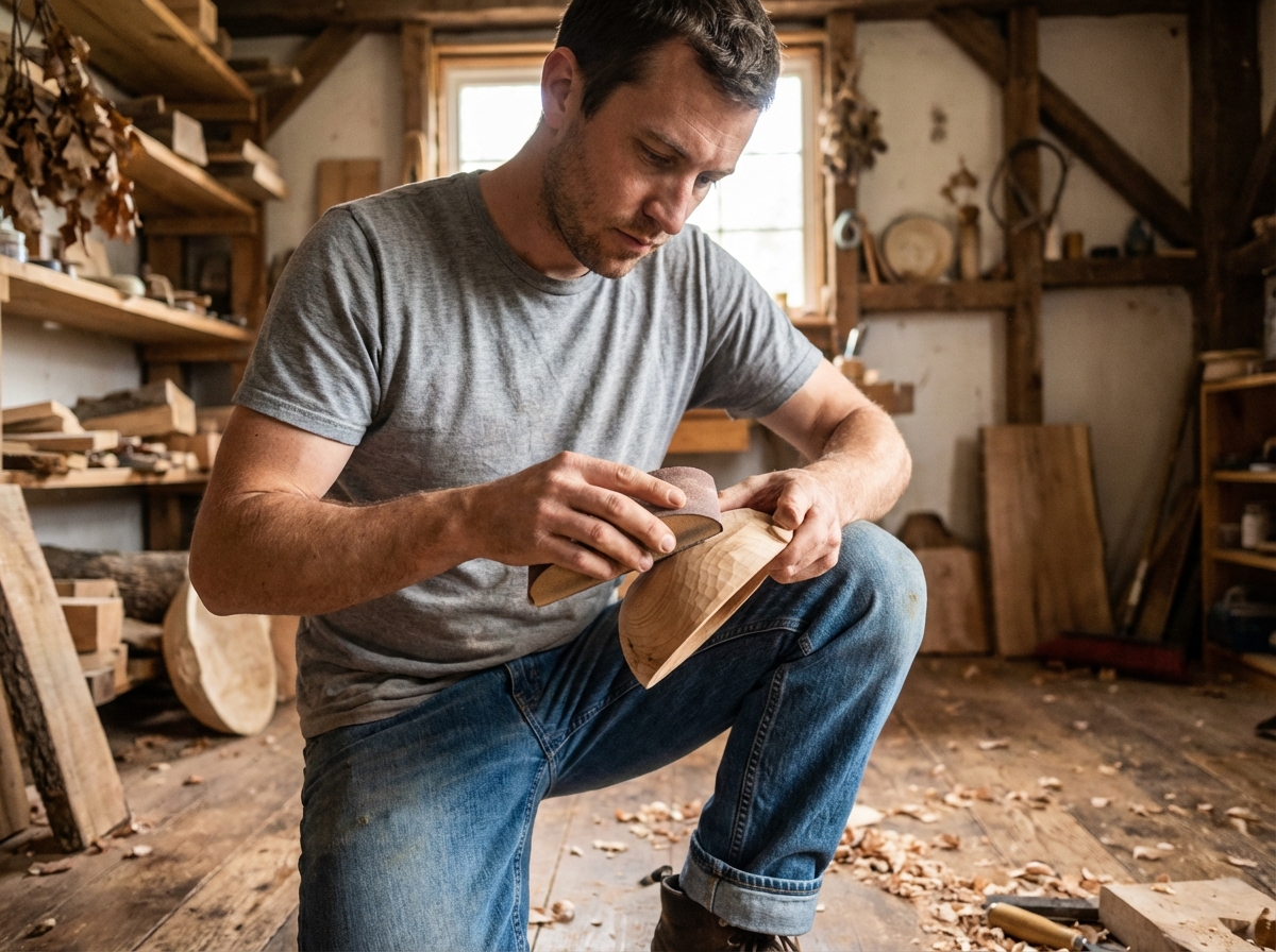 Jeune homme façonnant une coupe en bois dans un atelier artisanal