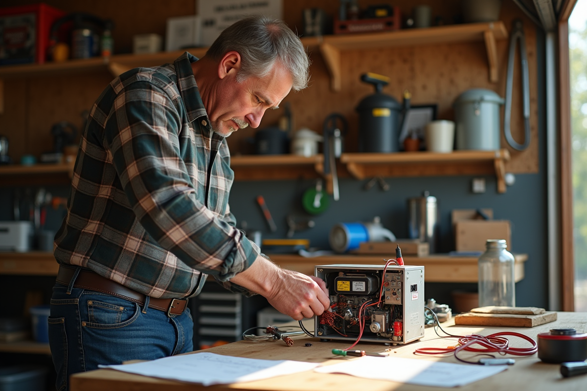 Homme d'âge moyen assemble un générateur électrique maison