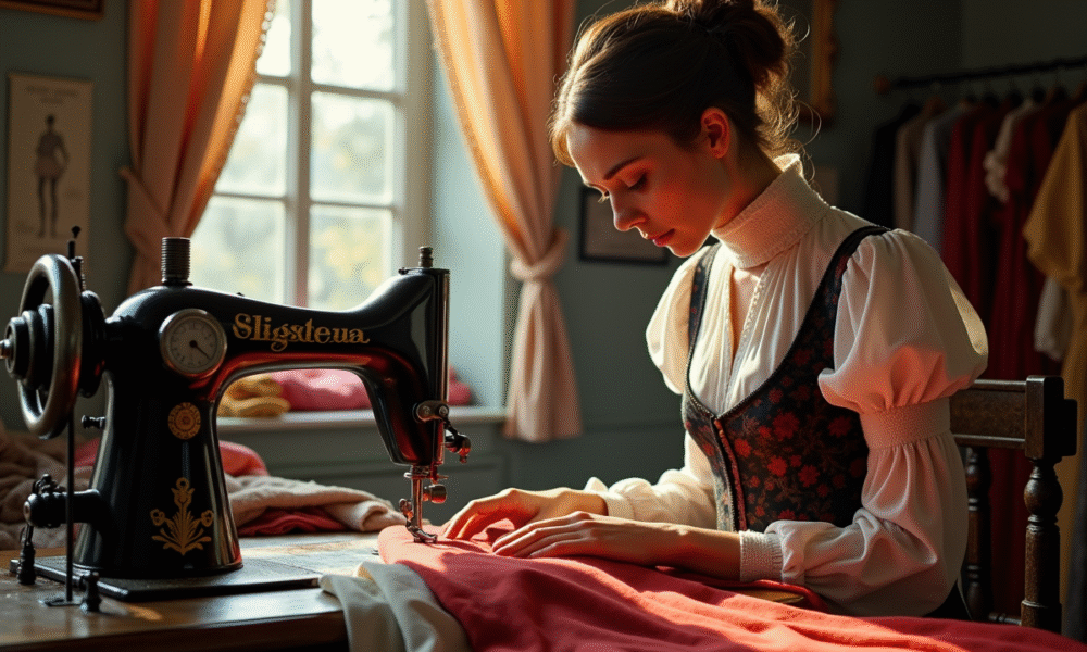 Atelier de couture du 19e siècle avec un maître couturier en train de coudre une robe élégante