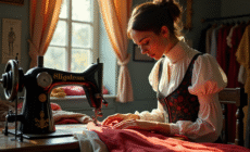 Atelier de couture du 19e siècle avec un maître couturier en train de coudre une robe élégante