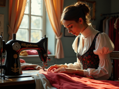Atelier de couture du 19e siècle avec un maître couturier en train de coudre une robe élégante