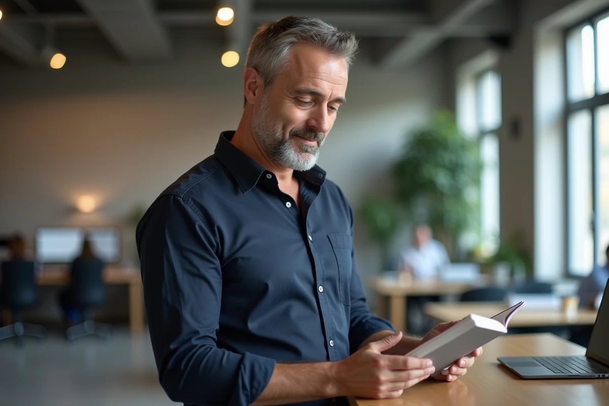 Auteur indépendant tenant son premier livre publié via KDP Amazon dans un espace de coworking moderne