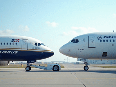 Deux avions commerciaux Airbus et Boeing côte à côte à l'aéroport