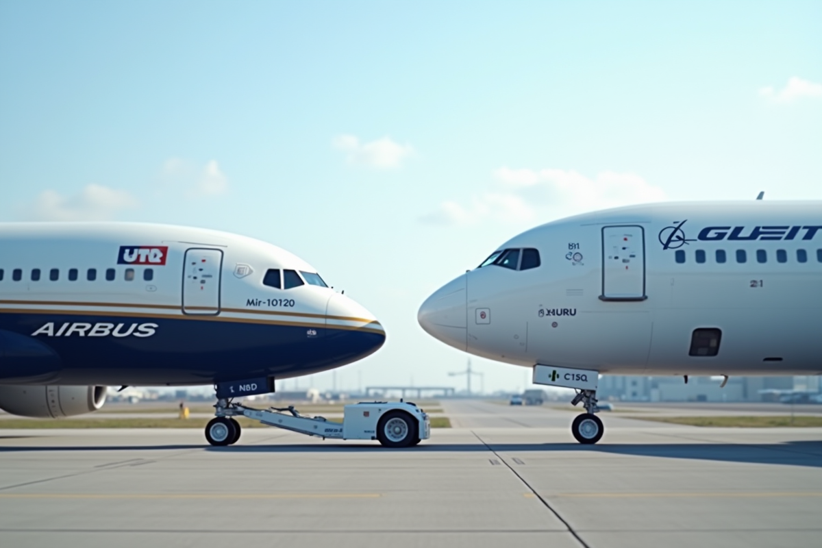Deux avions commerciaux Airbus et Boeing côte à côte à l'aéroport