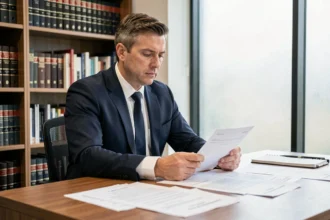 Avocat consultant des documents juridiques relatifs à une mesure d'éloignement dans un cabinet moderne
