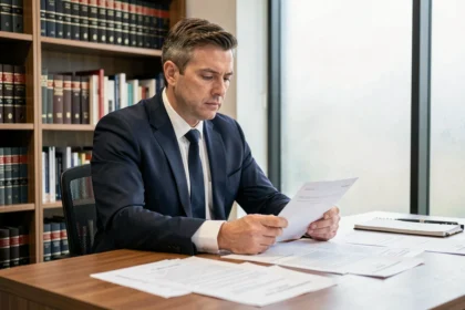 Avocat consultant des documents juridiques relatifs à une mesure d'éloignement dans un cabinet moderne