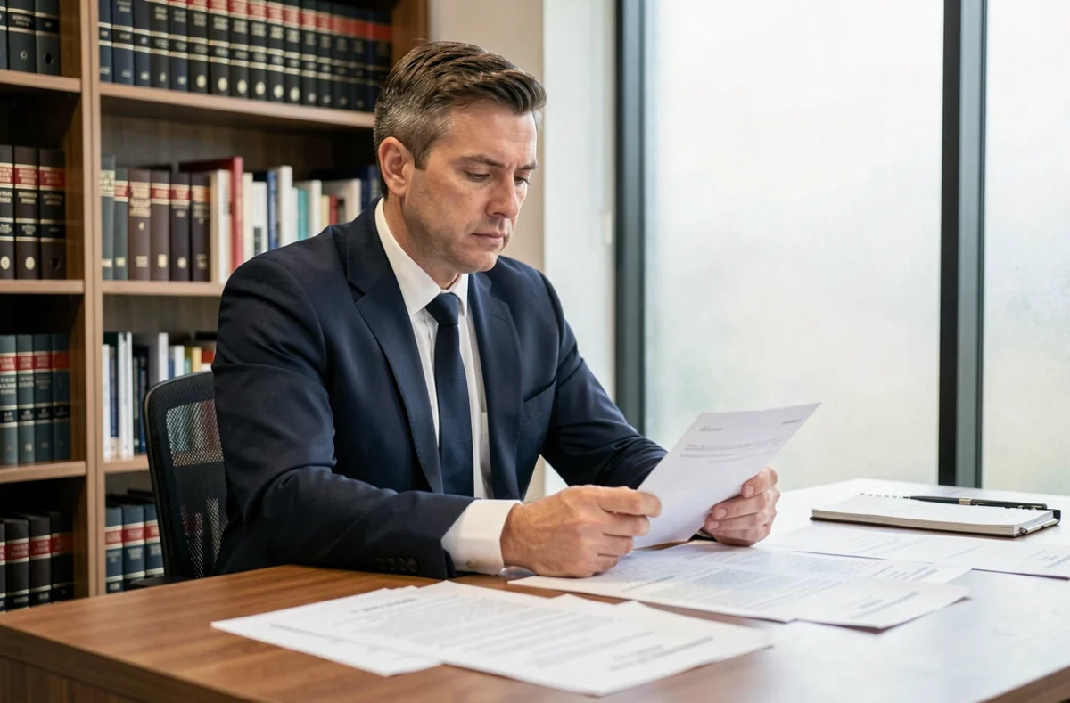 Avocat consultant des documents juridiques relatifs à une mesure d'éloignement dans un cabinet moderne