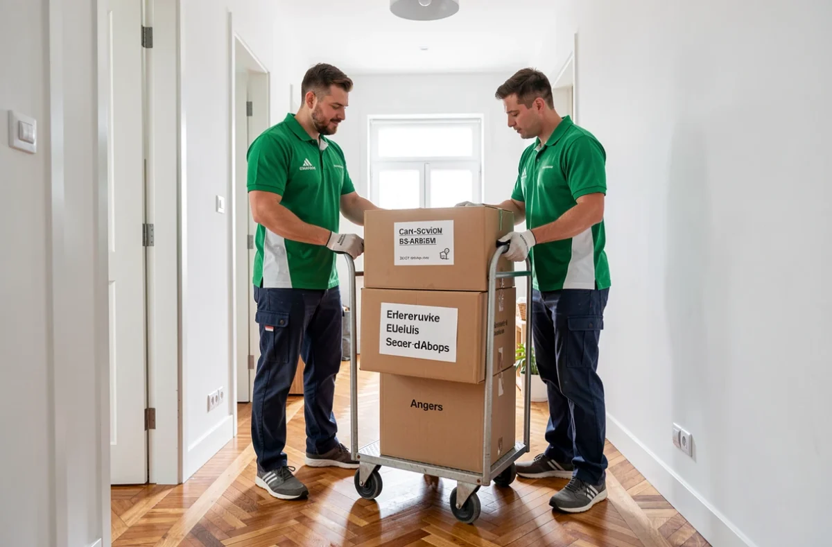 Deux déménageurs en uniforme vert et blanc organisant des cartons étiquetés sur un diable dans un couloir d'appartement moderne