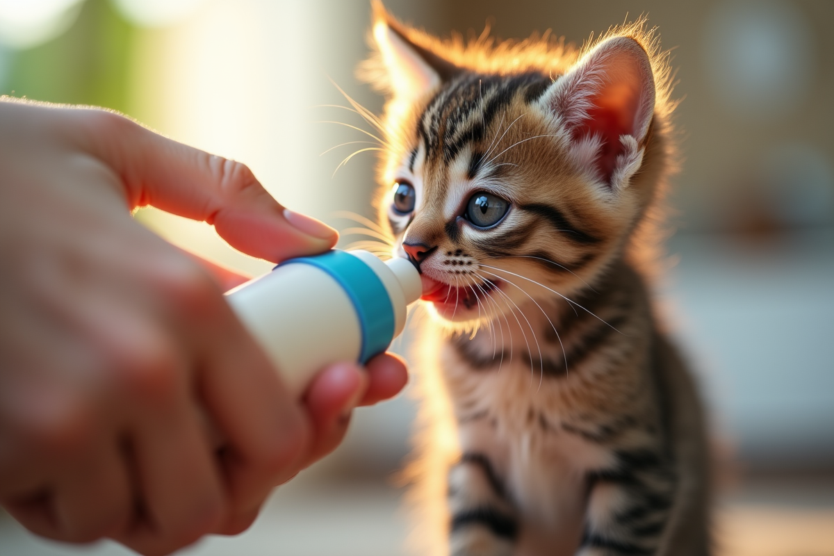 Chaton nourri au biberon par une main douce