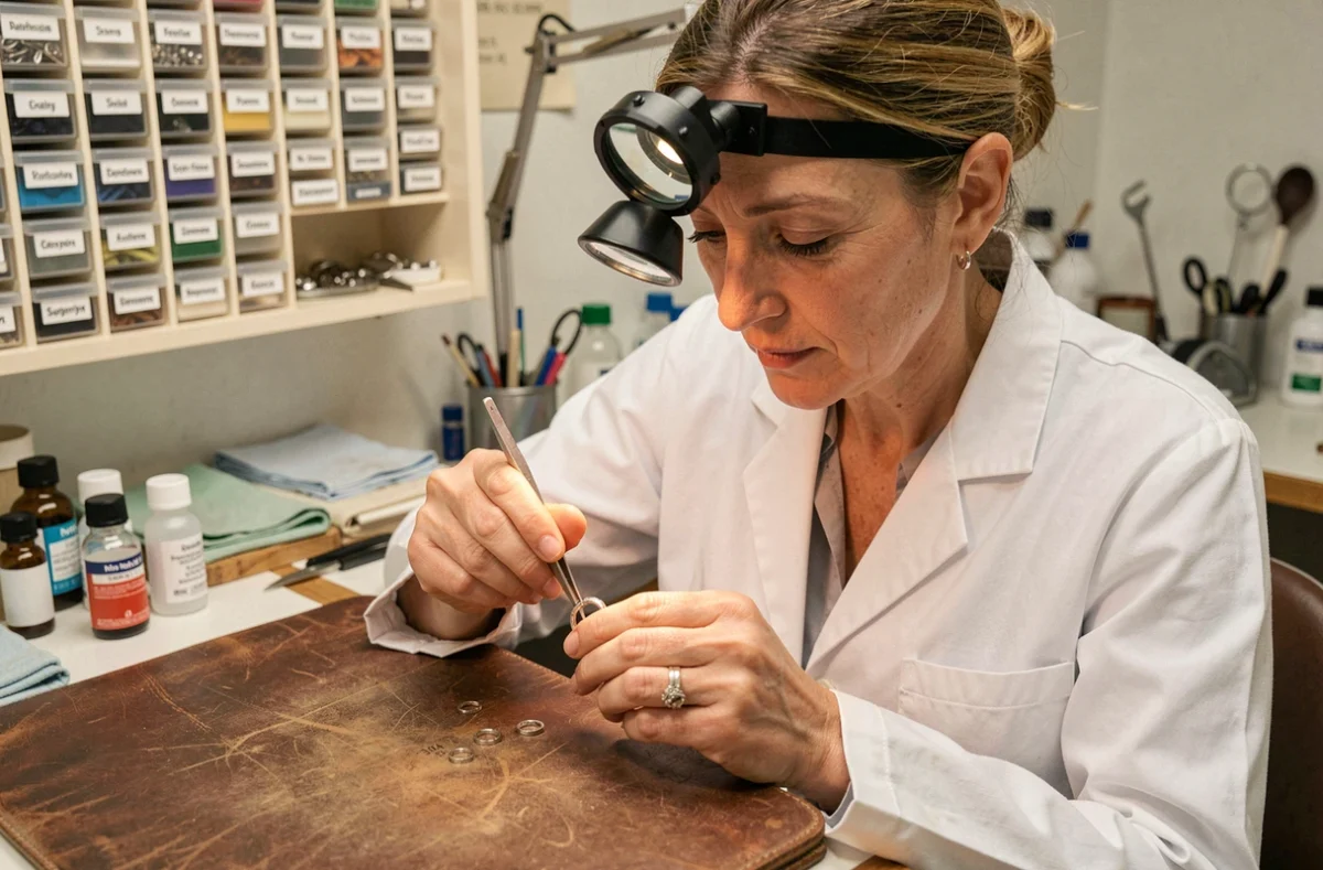 Bijoutière experte examinant le poinçon d'une bague en argent avec une loupe dans son atelier professionnel