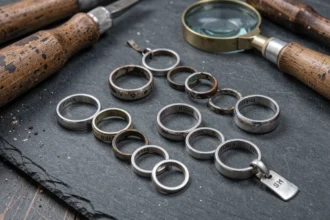Bijoux en argent avec tarnissement et poinçons visibles sur une surface en ardoise dans un atelier de bijoutier